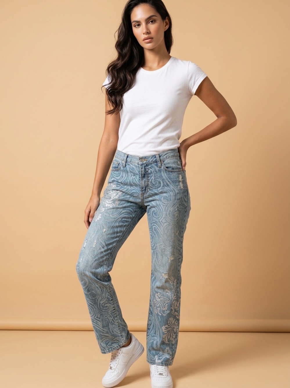 Karen Kane Light Blue Silver stamped embellishment Straight-Leg Jeans